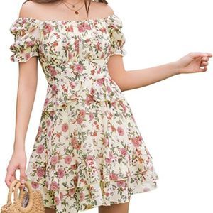 EXLURA Womens Summer Dress Floral Ruffle Tiered Square Neck Dress